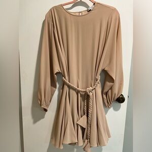 Riley braided belt long balloon sleeve crew neck swing dress